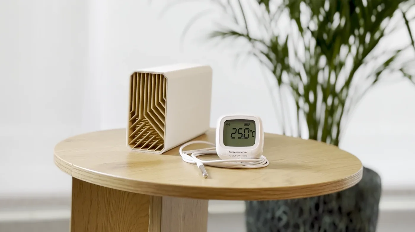 INTUENS Zentrale und Temperatursensor mit Fühler auf einem Tisch
